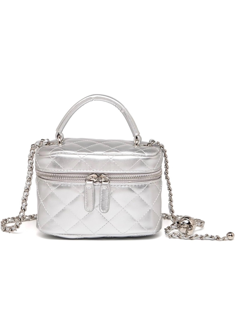 Silver Quilted Mini Crossbody Bag with Top Handle